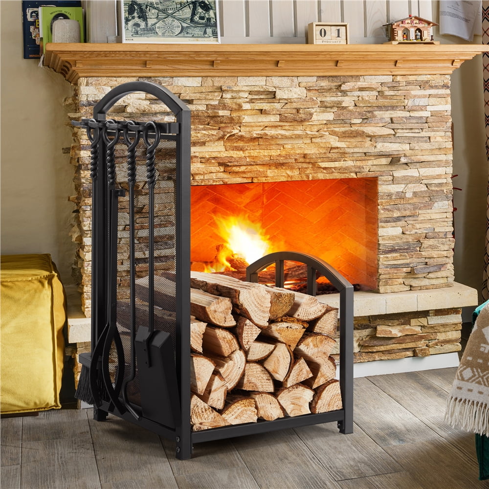 Topeakmart Firewood Rack Firewood Log Holder Rack Fireplace Tool Rack with 4 Tools, Black