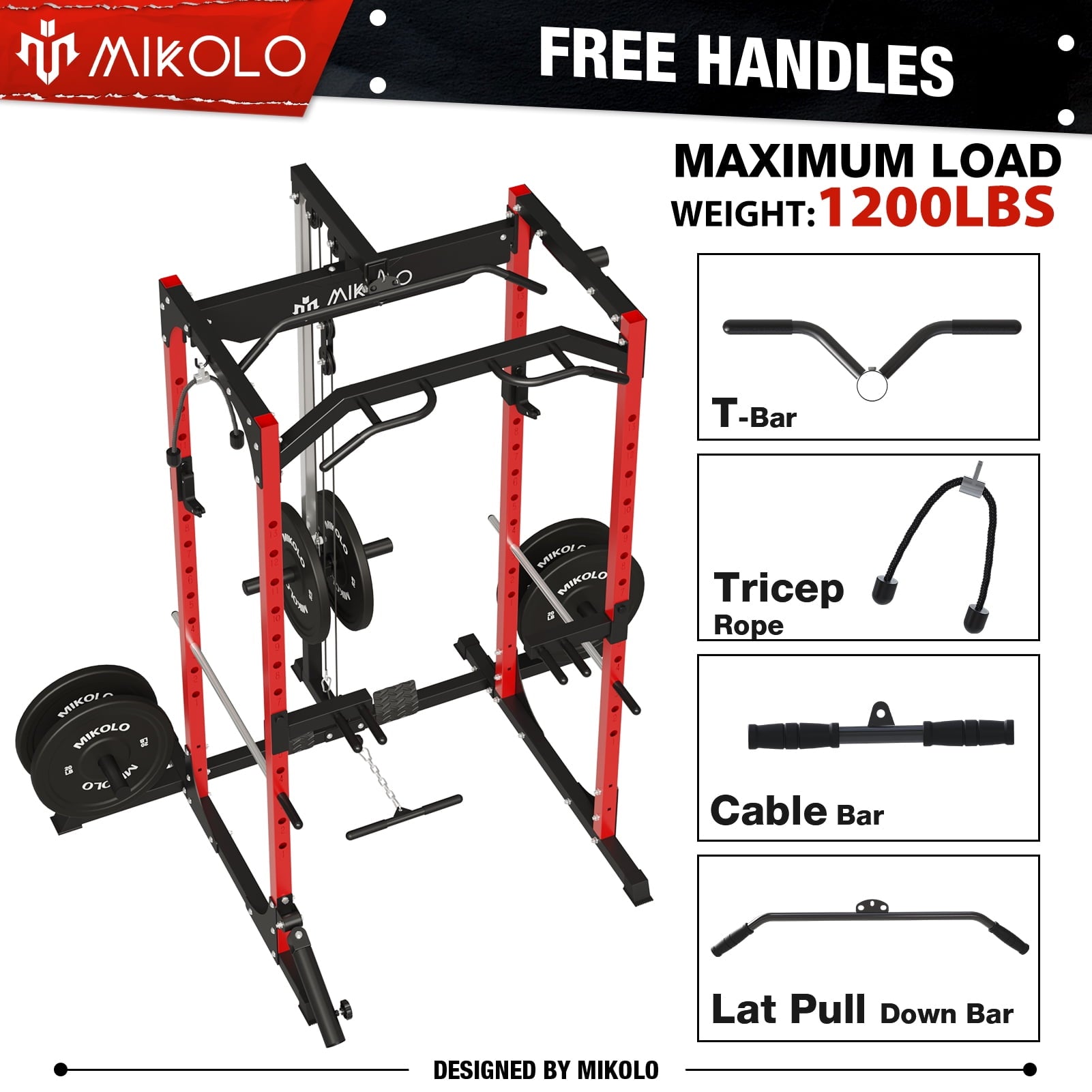 Mikolo Power Rack Cage with LAT Pulldown System,1200LBS Capacity Power Rack with 800 lbs Capacity Weight Bench Combo, Multi-Functional Squat Rack (Upgraded)