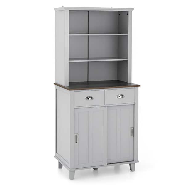 Gray Wood Sideboard Buffet 30 in. Kitchen Island Kitchen Pantry Cabinet with 2-Drawers and Sliding Doors