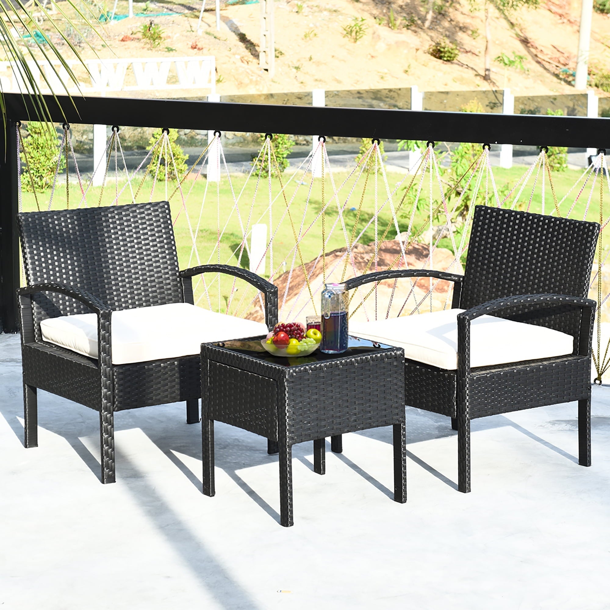 Costway 3PCS Patio Rattan Furniture Set Coffee Table & Chairs Set with Seat Cushions Garden