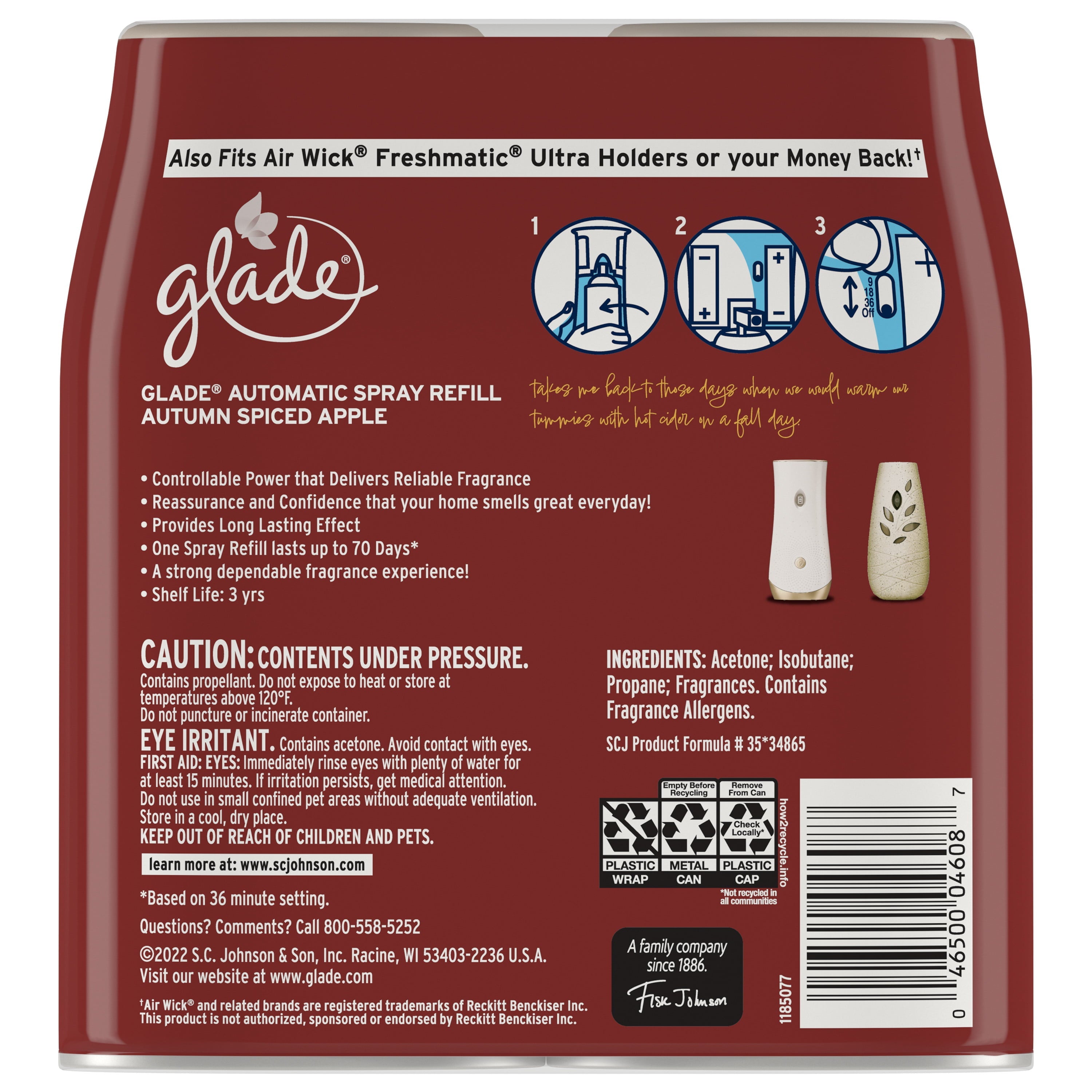 Glade Automatic Spray Refill, Air Freshener, Autumn Spiced Apple, 2 Refills, 6.2 oz Each