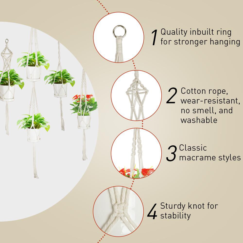 FGY 4PCS Macrame Plant Hanger with 8 Hooks Hanging Planter Basket Holders for Indoor Outdoor - White