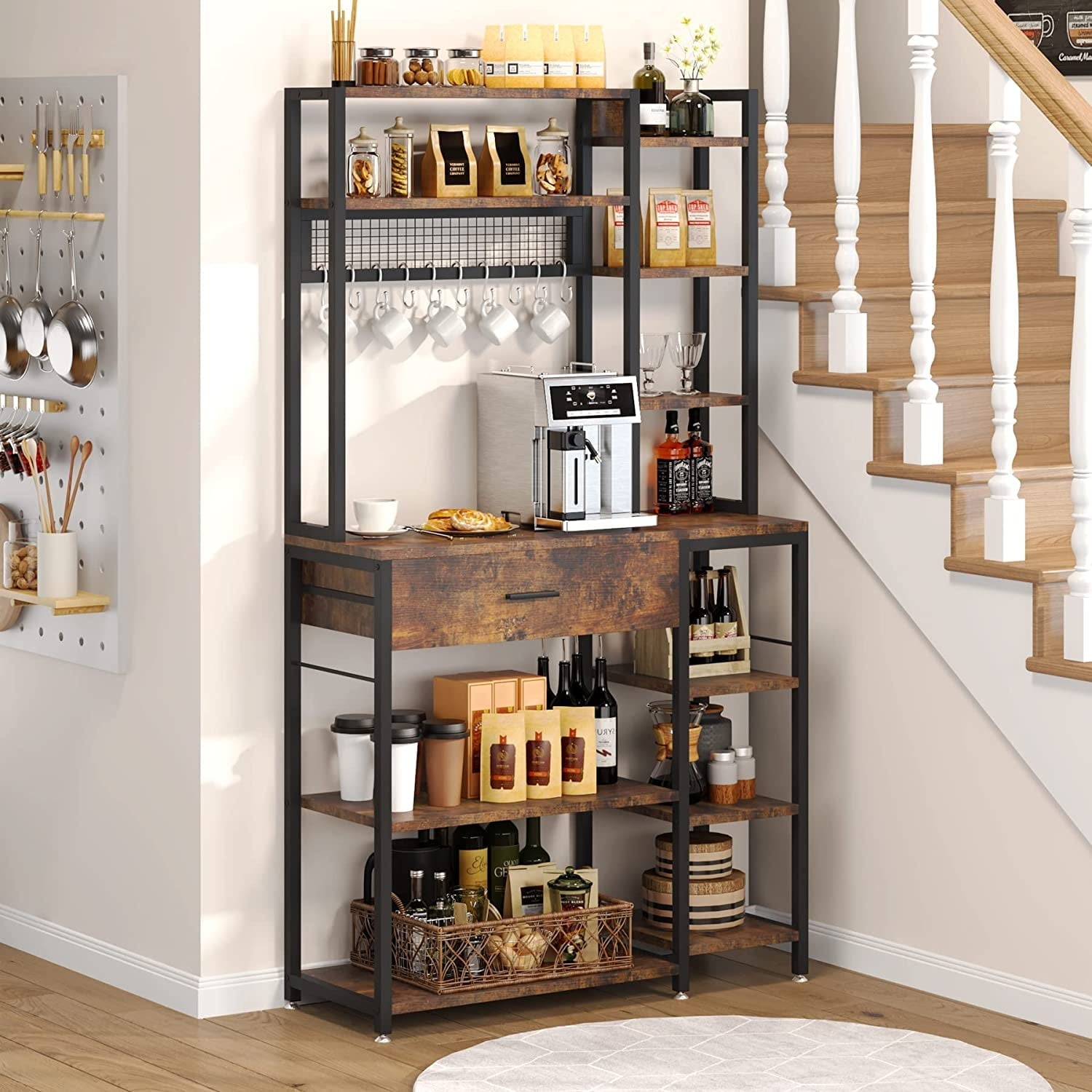 Tribesigns 70.9 inch Baker's Rack with Drawer, Wood 5-Tier+6-Tier Kitchen Shelf Rack, Brown
