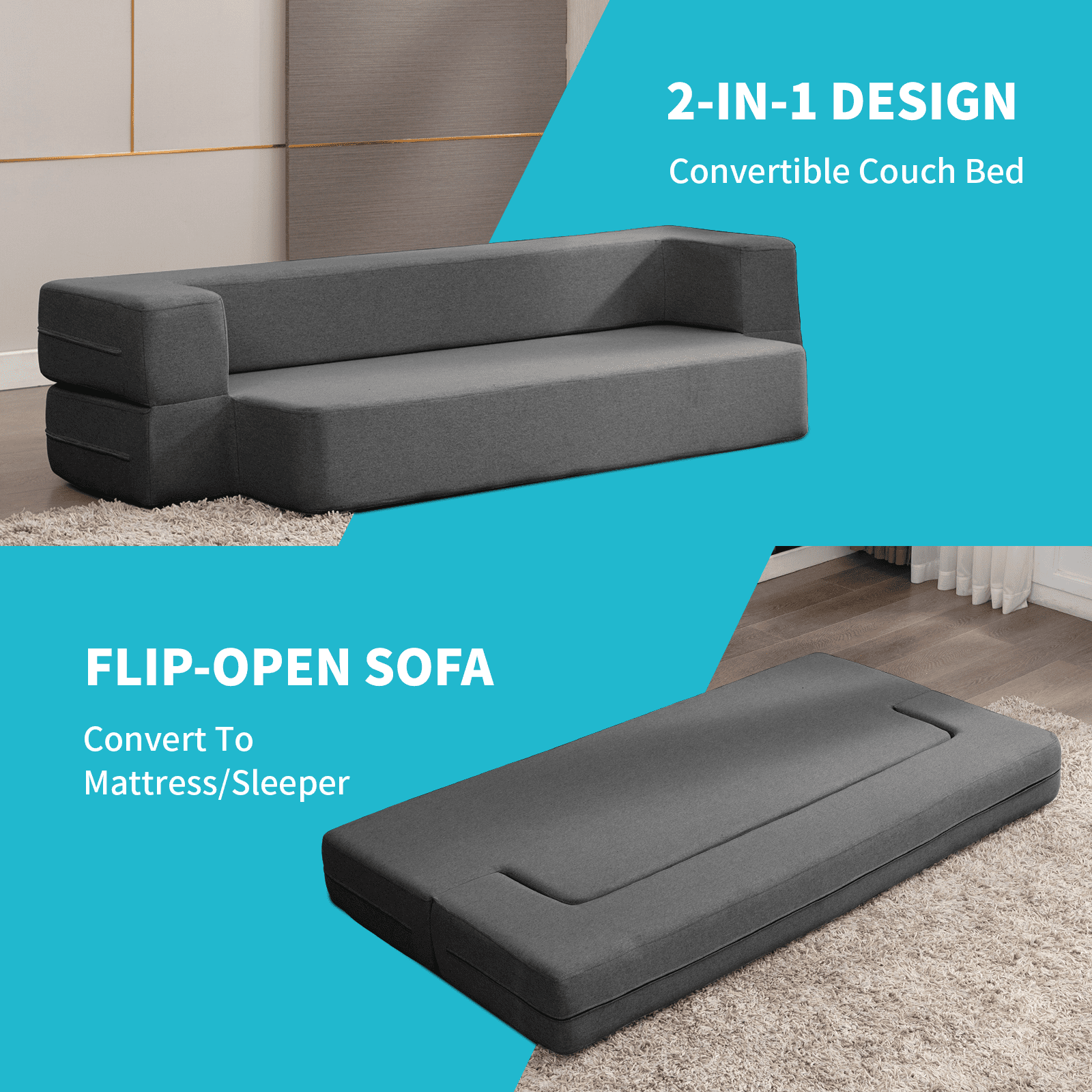 BALUS Folding Sofa Bed, Convertible Sleeper Sofa Bed Queen,Floor Couch Bed,Futon Sofa Bed Memory Foam Mattress,Floor Sofa Bed Twin for Living Room/Bedroom/Guest Room/Home Office,Dark Grey
