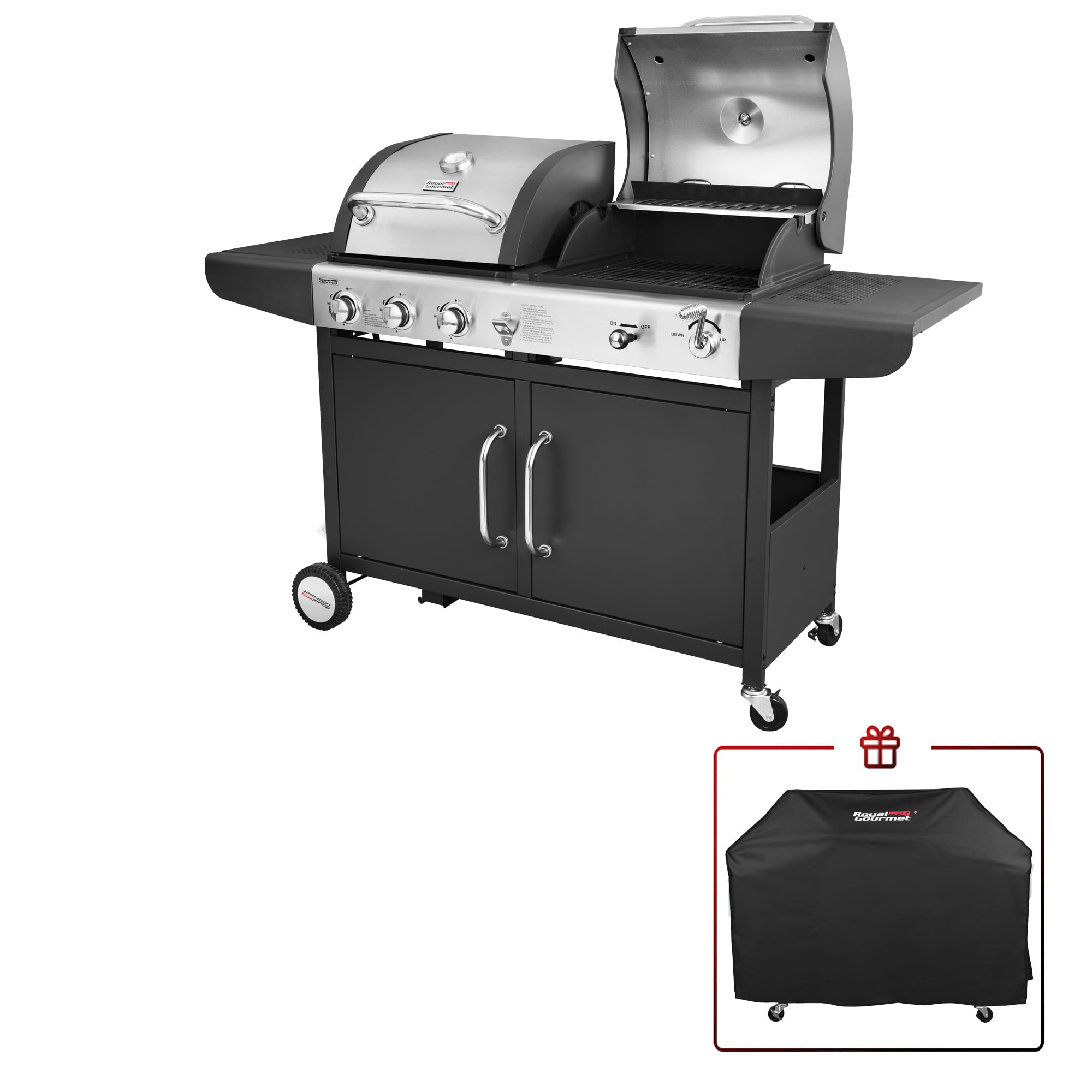 Gourmet ZH3002C 3-Burner 25,500-BTU Dual Fuel Cabinet Gas and Charcoal Grill Combo with Cover