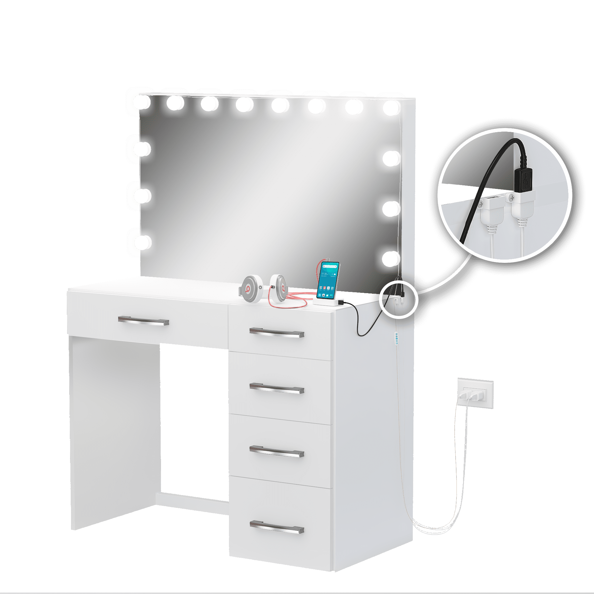 Ember Interiors Leia Modern White Vanity Mirror with Lights Add-on, USB Port, for Bedroom