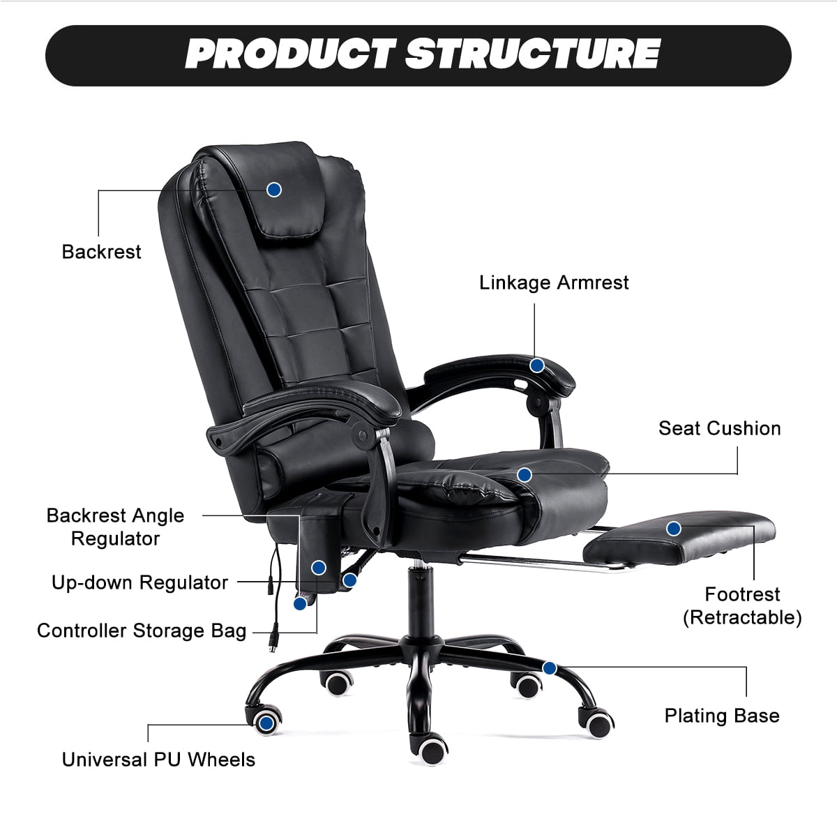 Massage Office Chair Ergonomic Executive Chair Office Gaming Chair with Adjustable Footrest and Linkage Armrest, Black