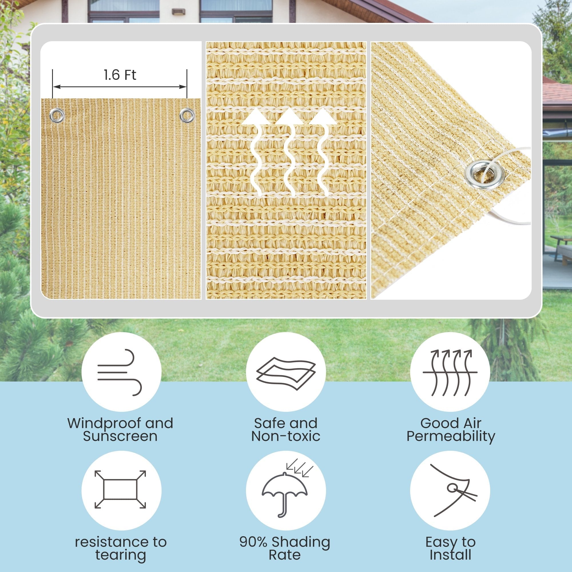 10' x 12' Beige Rectangle Sun Shade Sail Canopy Mesh Fabric UV Block