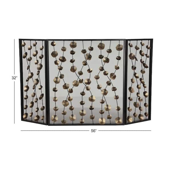 Gold Metal Floral Foldable Mesh Netting 3 Panel Fireplace Screen with 3D Floral on Vines