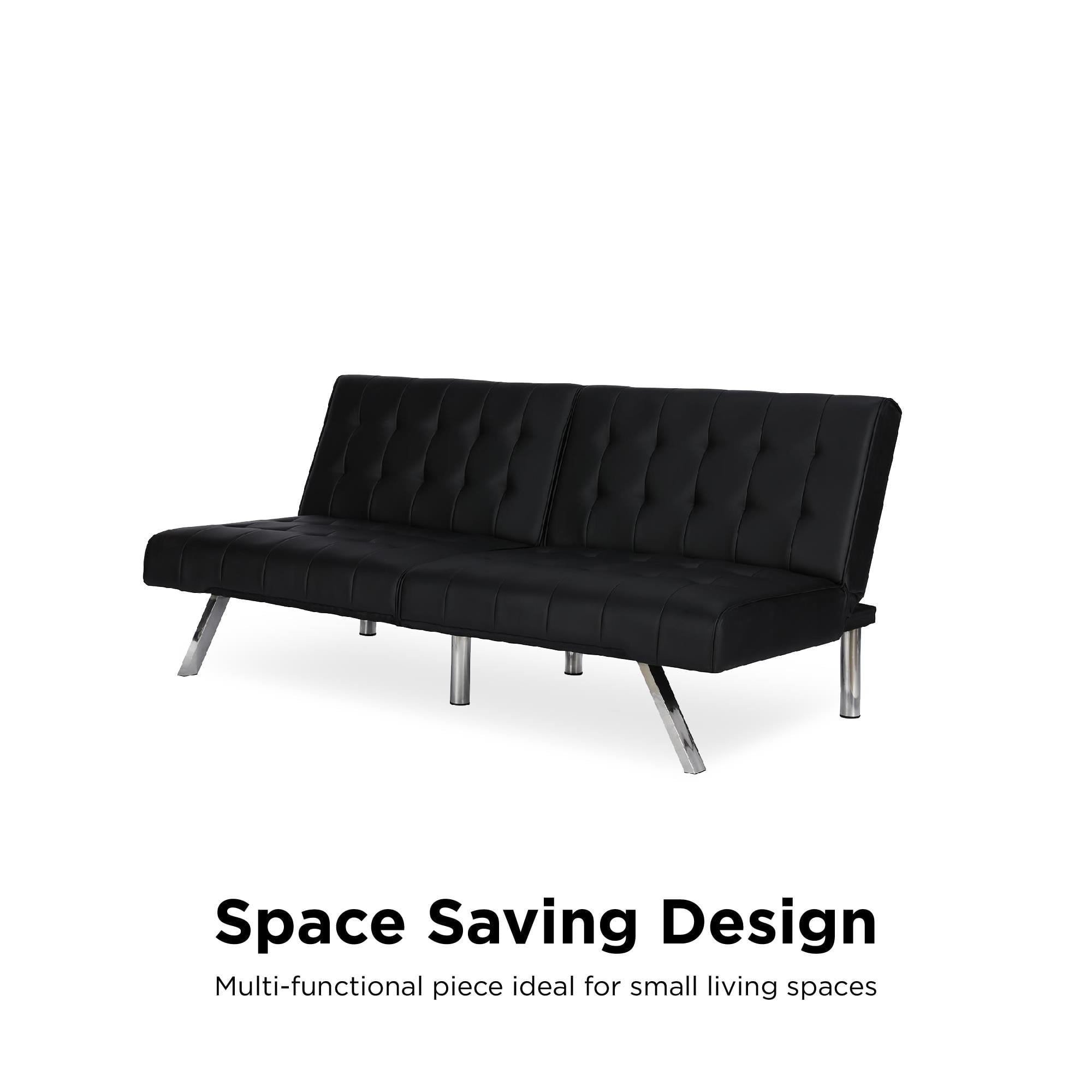 River Street Designs Emily Convertible Tufted Futon Sofa, Black Faux Leather