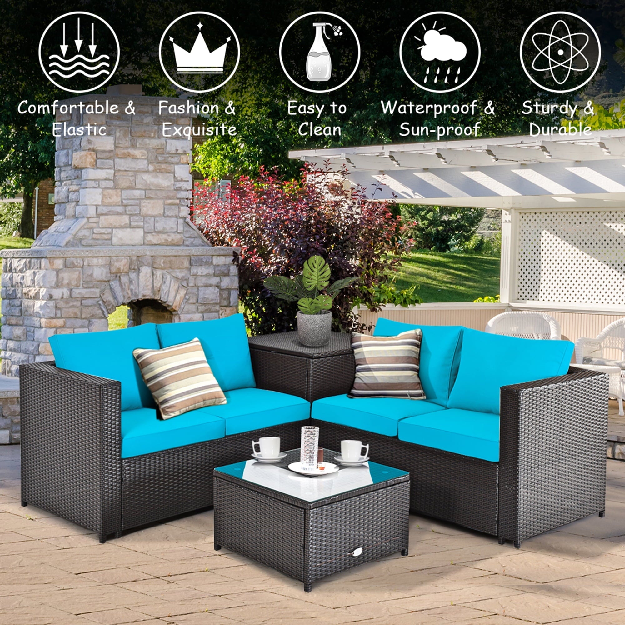 Gymax 8PCS Cushioned Rattan Patio Conversation Set w/ Side Table Turquoise Cushion