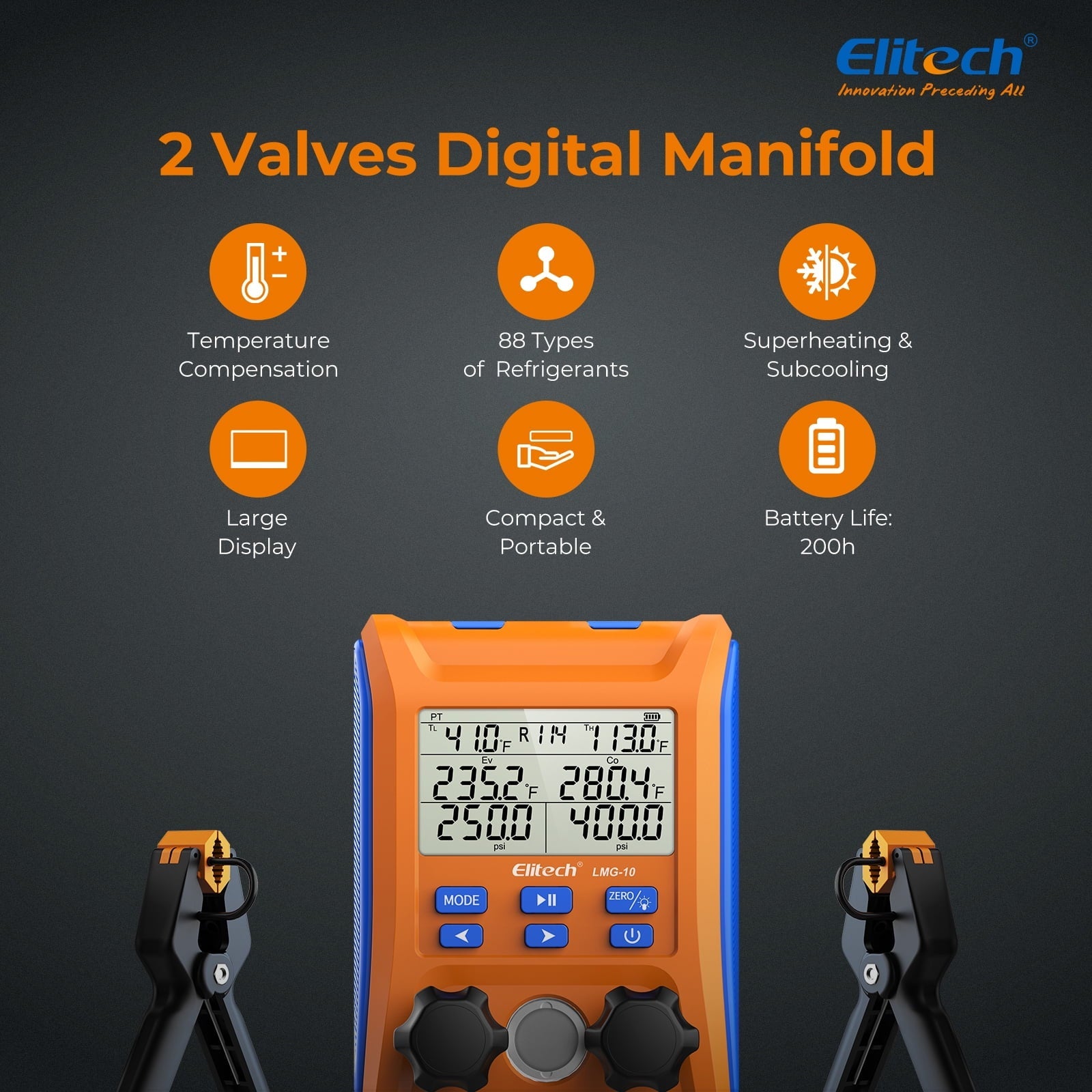 Elitech Digital Manifold Gauge HVAC 2-Way Valve with Thermometer Clamps