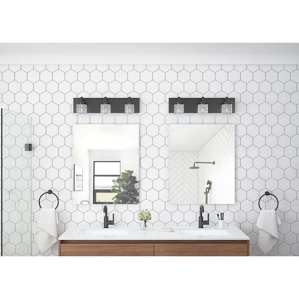 19.7 in. 3-Light Dimmable Black Bathroom Vanity Light with Crystal Glass Shades