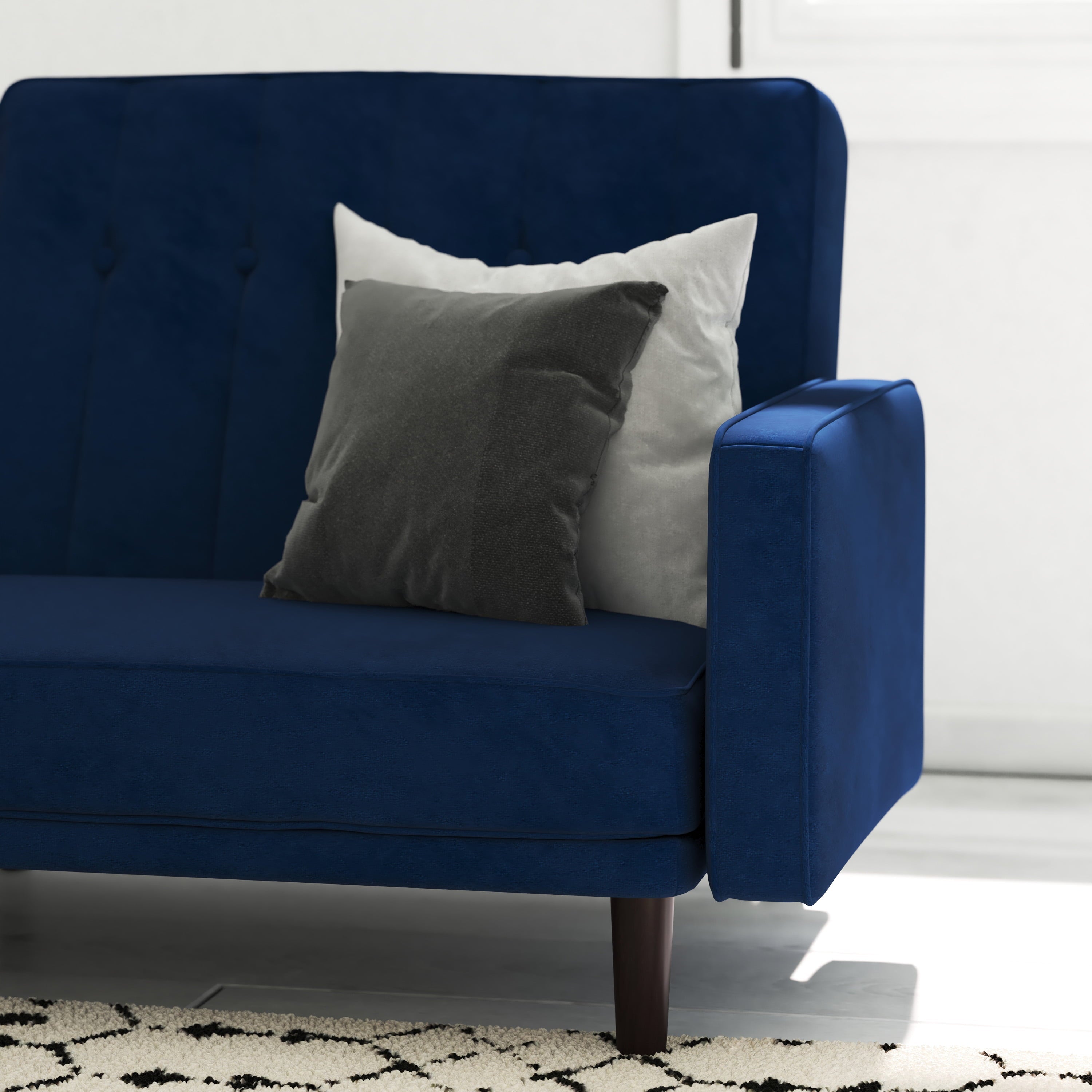 Emma + Oliver Plush Padded Velvet Upholstered Split Back Sofa Futon with Vertical Channel Tufting and Wooden Legs in Navy