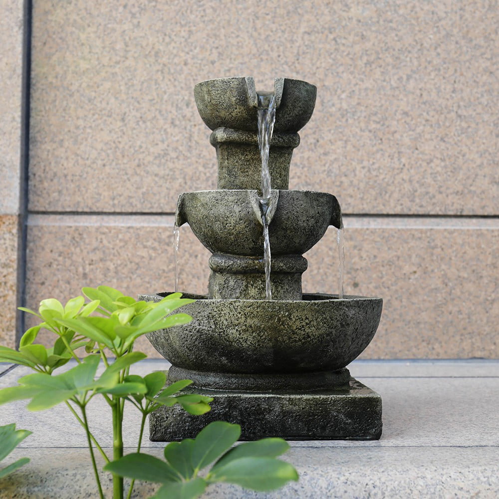 Willwolf 3-Tiered Water Fountain with Flat Bottom,Outdoor Fountain with LED Lights,Modern Fountain for Garden Porch and Patio,Resin Waterfall Fountain