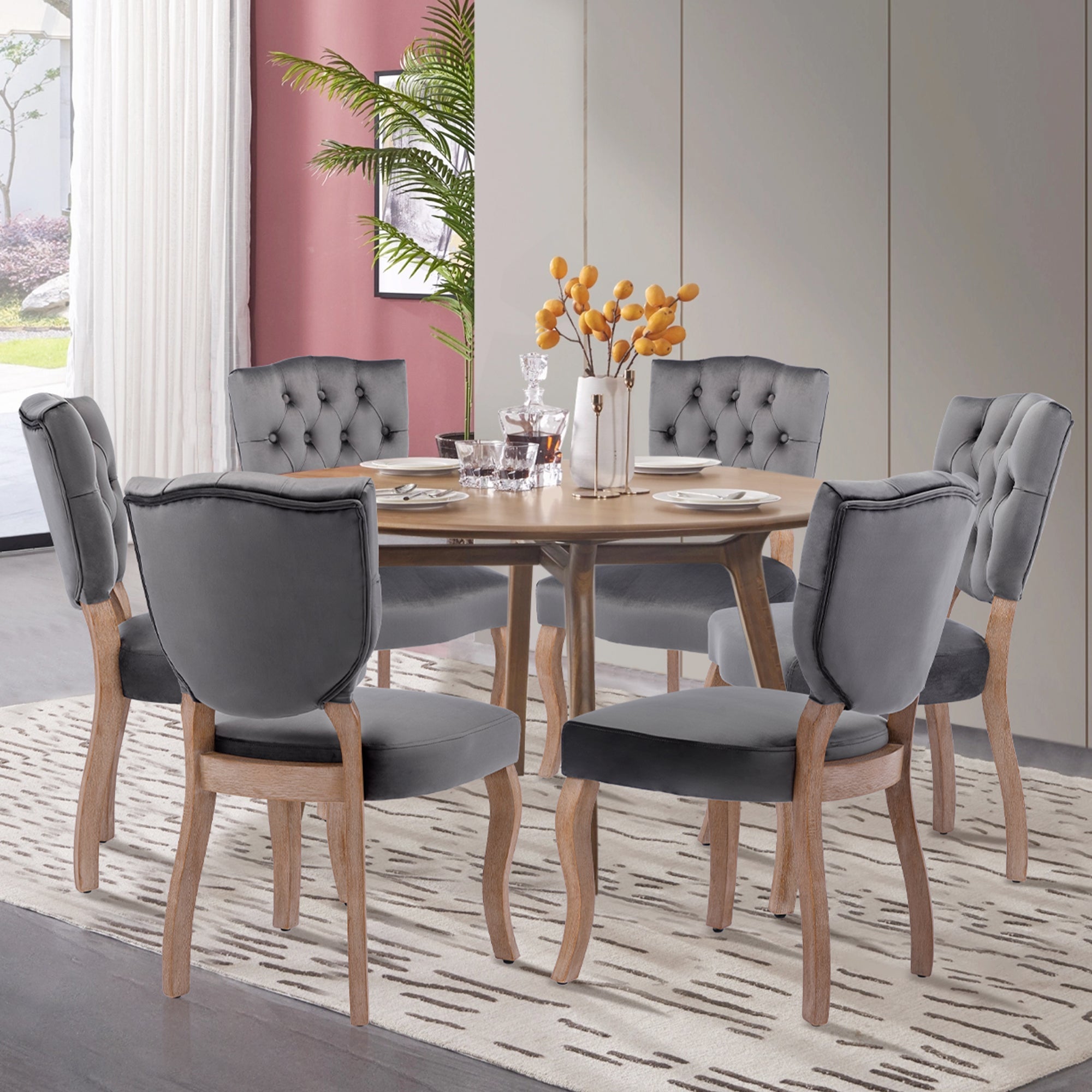 Mid-Century Velvet Dining Chairs, Upholstered Dining Room Chairs with Solid Wood Legs, Button Tufted Dining Chair Set of 2, Black, Dark Gray