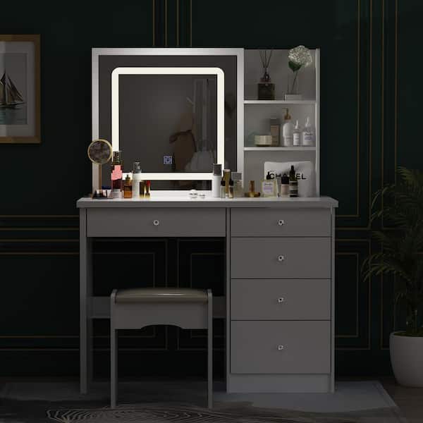 5-Drawers White Wood LED Push-Pull Mirror Makeup Vanity Sets Dressing Table Sets with Stool and 3-Tier Storage Shelves
