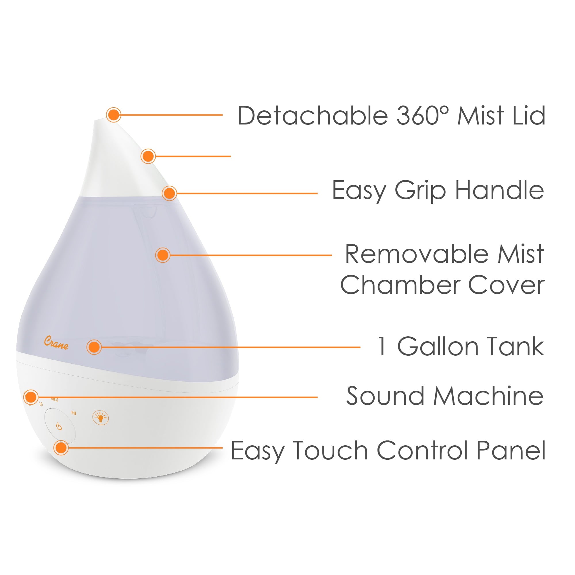 Crane Top Fill Drop 1 Gallon Ultrasonic Cool Mist Humidifier with Sound Machine and Optional Nightlight - White