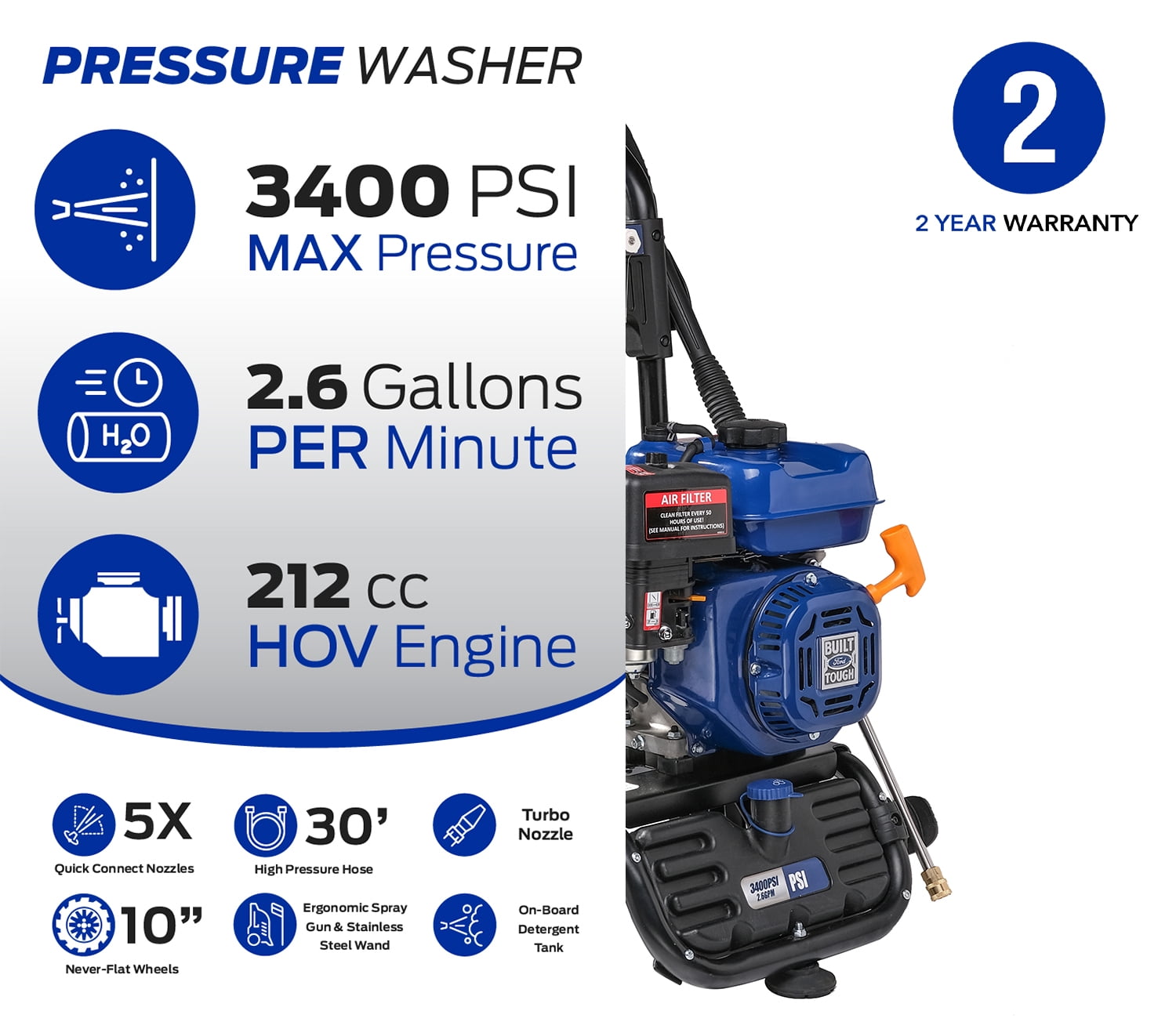 Ford Gas-Powered 3400 PSI 212cc Pressure Washer with Turbo Nozzle - CARB Compliant