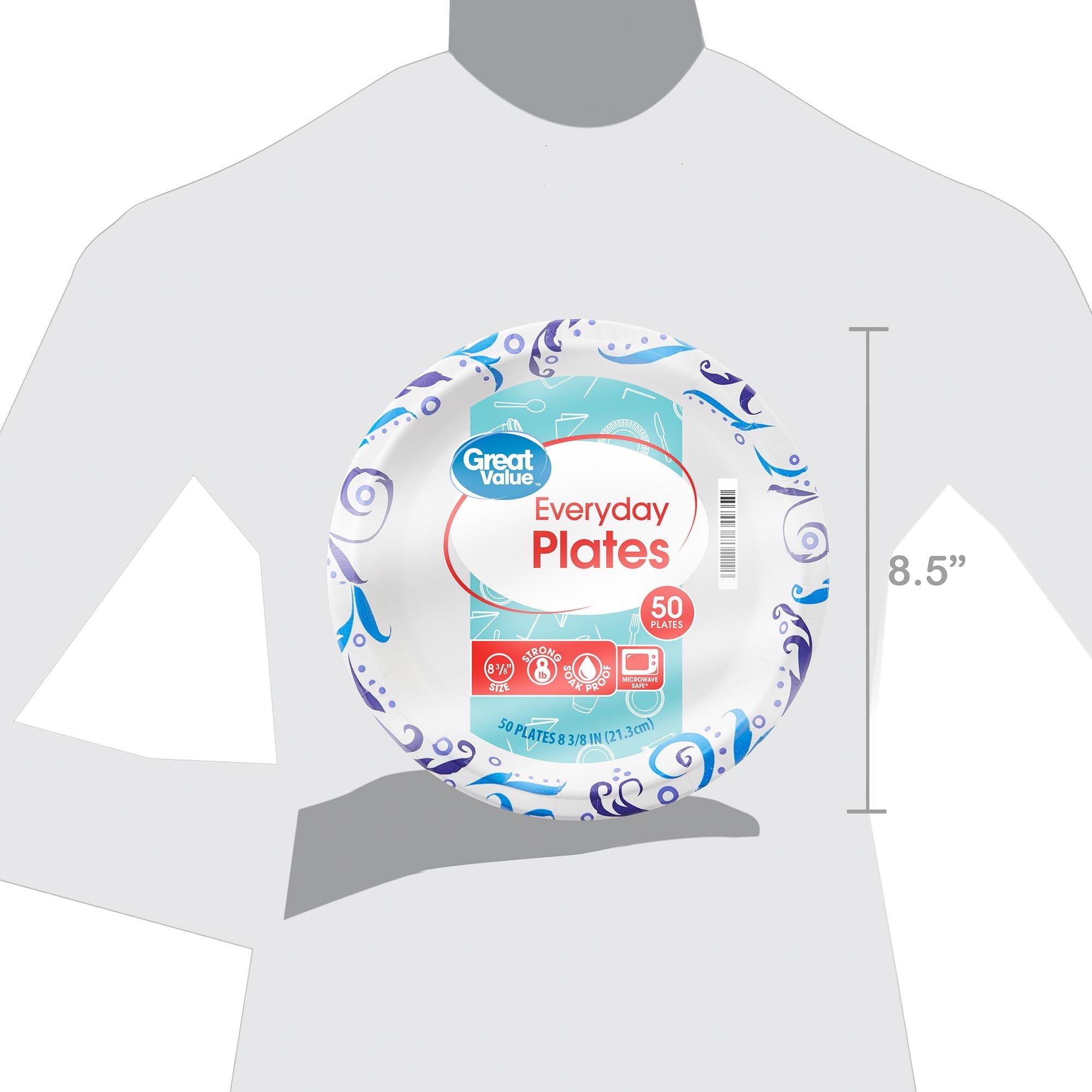 Great Value Everyday Strong, Soak Proof, Microwave Safe, Disposable Paper Plates, 8.5