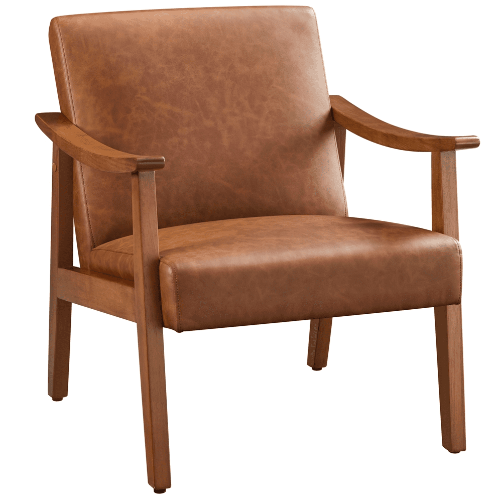 Alden Design Mid-Century Modern Accent Chair with Wooden Frame, Warm Brown Faux Leather