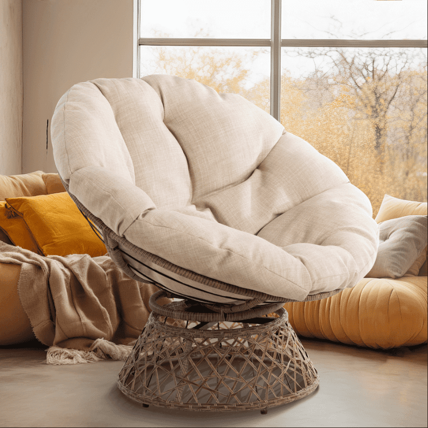 Aile 360 Swivel Comfy Papasan Chair with Fabric Cushion, Sturdy Metal Frame (Pure Pearl - White Frame)
