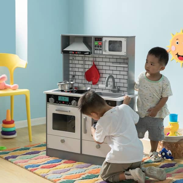 Wooden Play Kitchen Toy, Light on Microwave, Cabinet, Sound Electronic Stove, Microwave and Sink Ages 3 plus