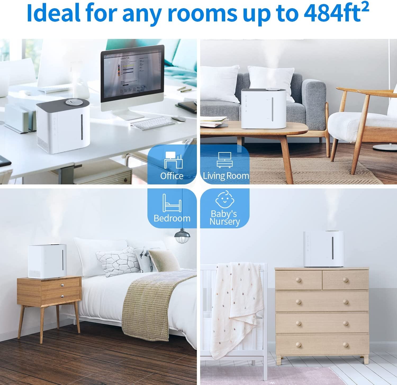 AIRROBO HU450 Ultrasonic Cool Mist Humidifier, 4.3L Top Fill Air Humidifier with 484 Sqft Room Coverage, 360° Nozzles, Waterless Auto Shut-off, White