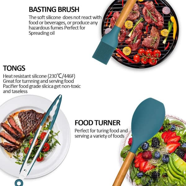 33-Piece Silicon Cooking Utensils Set with Wooden Handles and Holder for Non-Stick Cookware, Blue