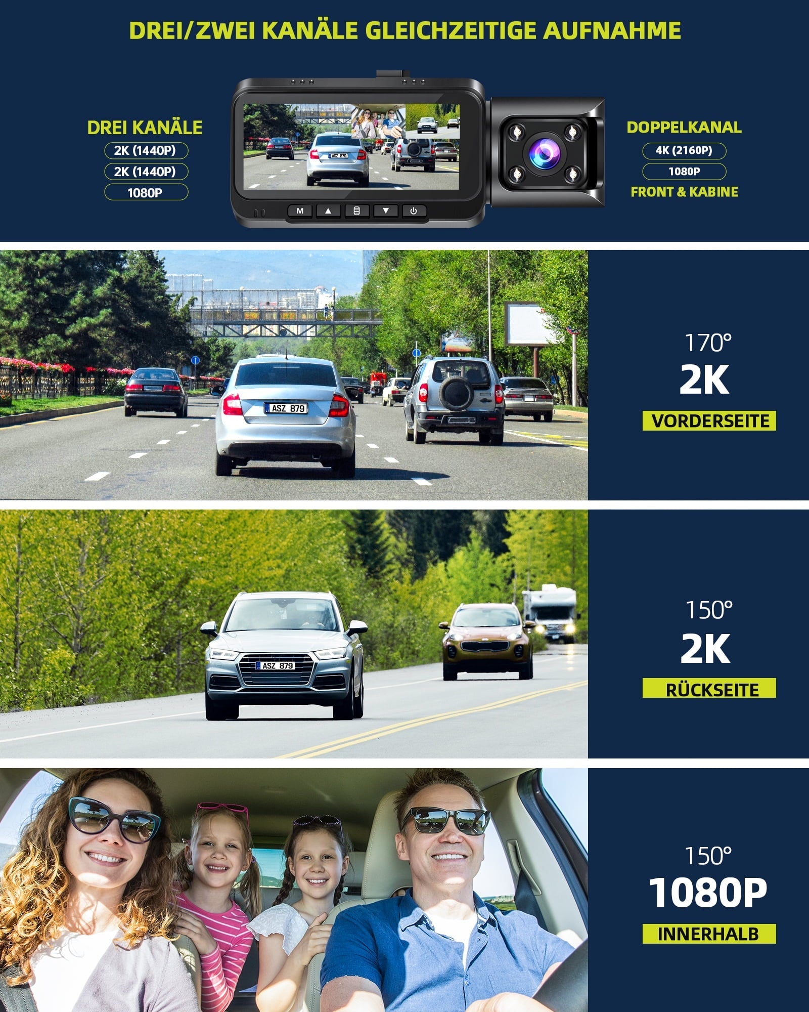 TOGUARD 3 Channel Dash Cam Front and Rear Insidewith 64GB U3 SD Card, 4K Car Camera Built-in WiFi GPS IR Night Vision Dash Camera with Loop Recording, G-Sensor,Parking Monitor