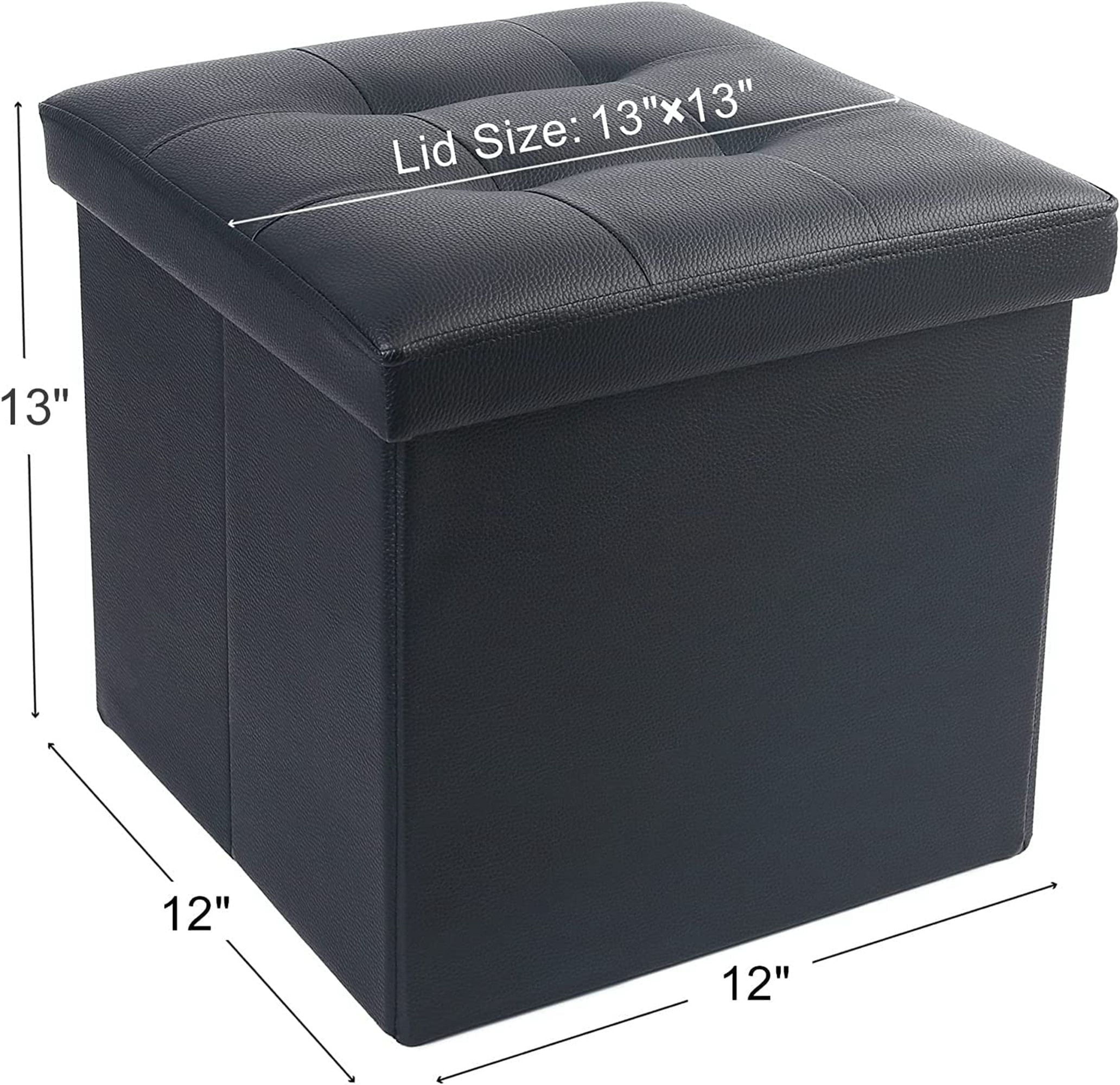 LotFancy 2 Pack Storage Ottoman Cube with Lid, Black Faux Leather, 13x12x12 In