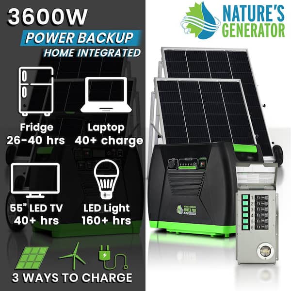 ELITE 3600-Watt/5760W Peak Push Button Start Solar Powered Portable Generator w/ Power Pod, Transfer Kit, 4 Solar Panels