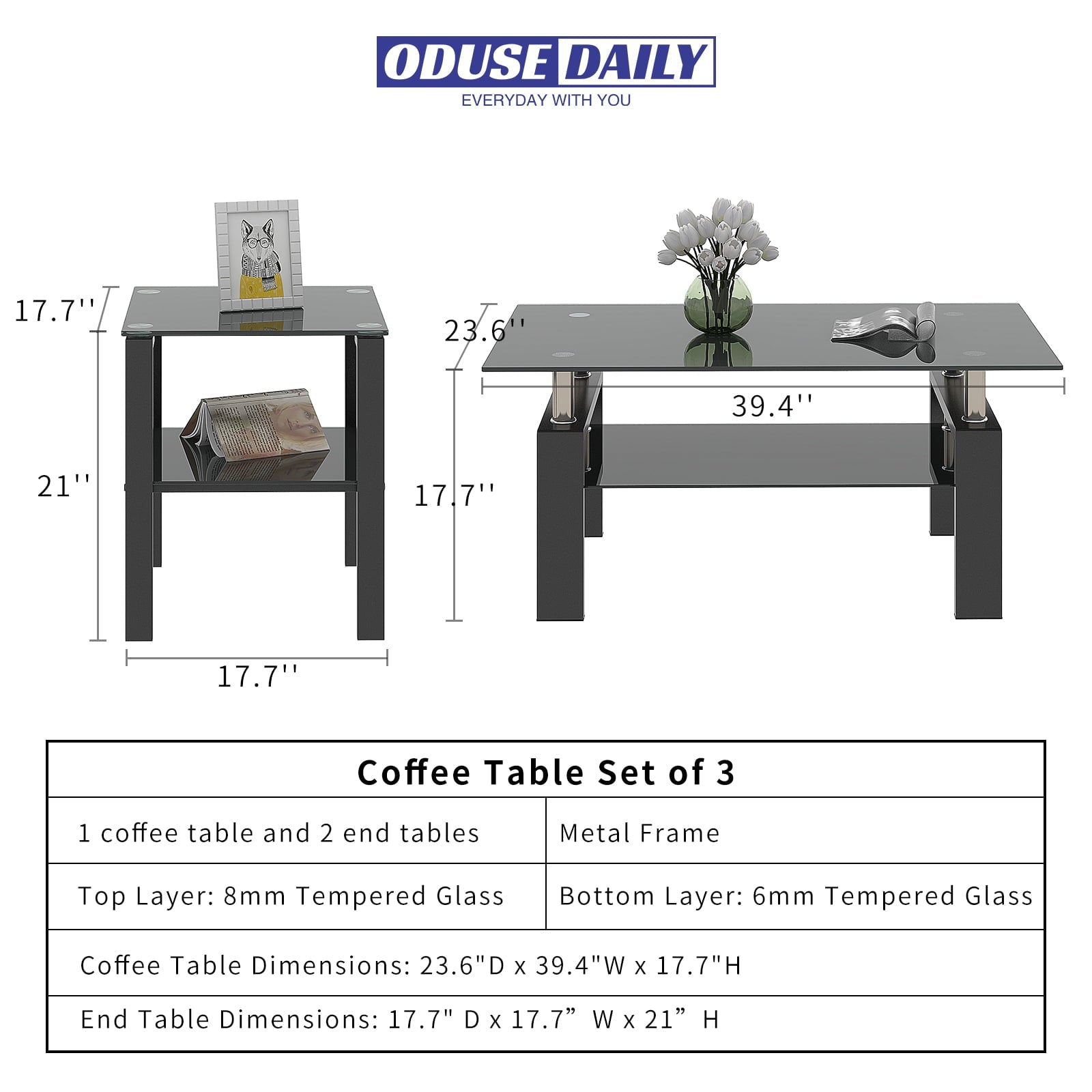 Black Glass Coffee Table Set of 3 Piece, Living Room Table Set of 3, Black Coffee Table and End Coffee Table Sets, Metal Frame (All Black A, Set of 3)