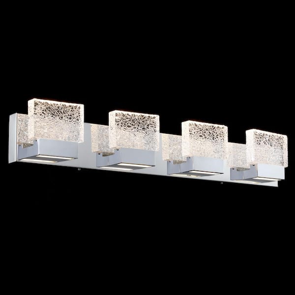 32.25 in. 4-Light Chrome Stainless Steel LED Bathroom Vanity Light with Clear Ice-Like Brick Glass
