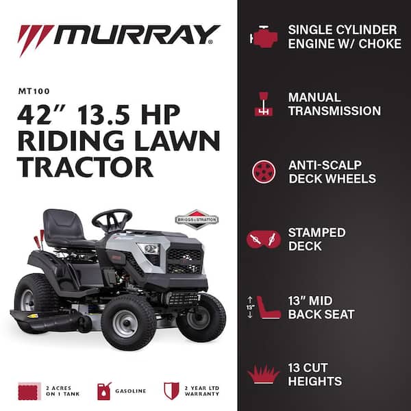 MT100 42 in. 13.5 HP 500cc E1350 Series Briggs and Stratton Engine 6-Speed Manual Gas Riding Lawn Tractor Mower