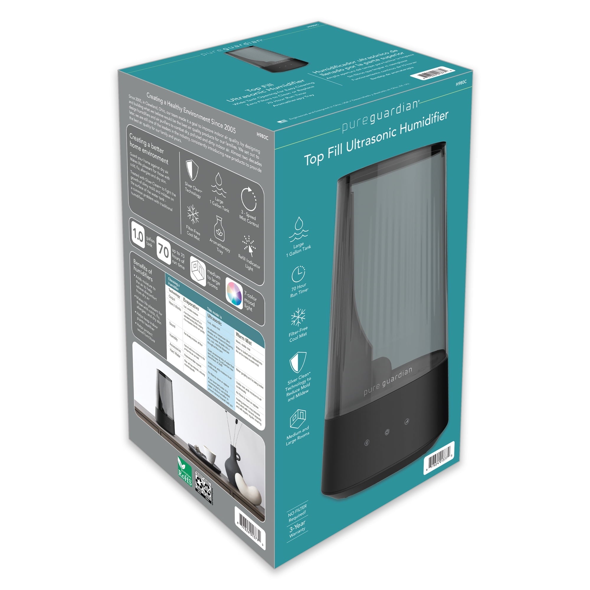 Pure Guardian 420 Sq. Ft, 1 Gallon Ultrasonic Cool Mist Humidifier with Aroma Tray, H980C