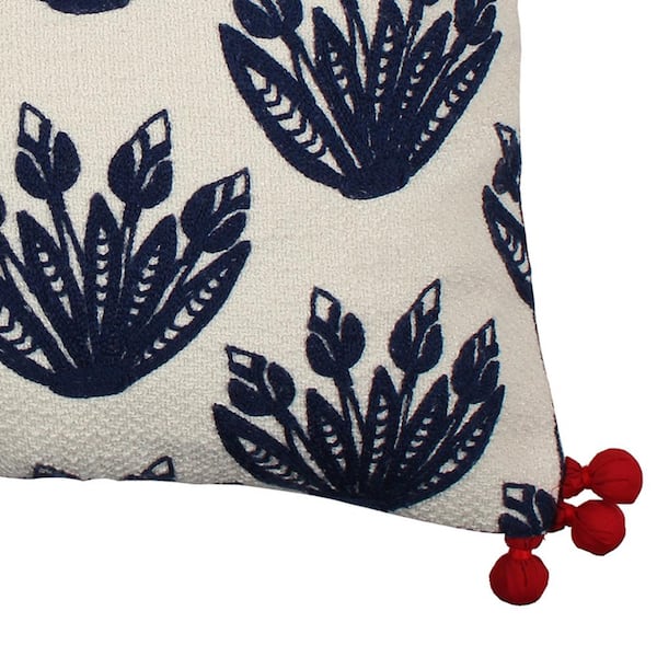 Nanette Navy, Cream, Red Floral Embroidered 18 in. x 18 in. Throw Pillow