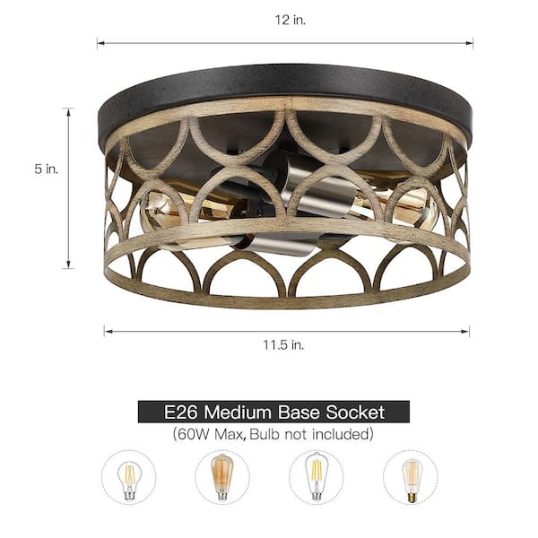 12 in. 2-Light Bronze and Wood Tone Flush Mount Ceiling Light