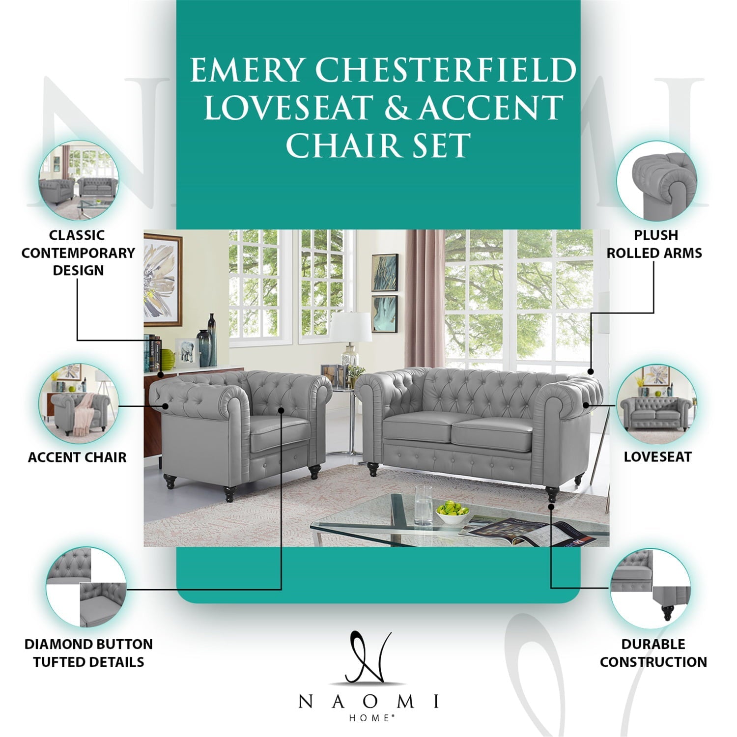 Emery Chesterfield Loveseat & Accent Chair Rolled Arms Tufted Cushions Solid Wooden Legs Deep Seating Comfy Bedroom Living Room Reading Chair by Naomi Home, Tool-Free Assembly, White