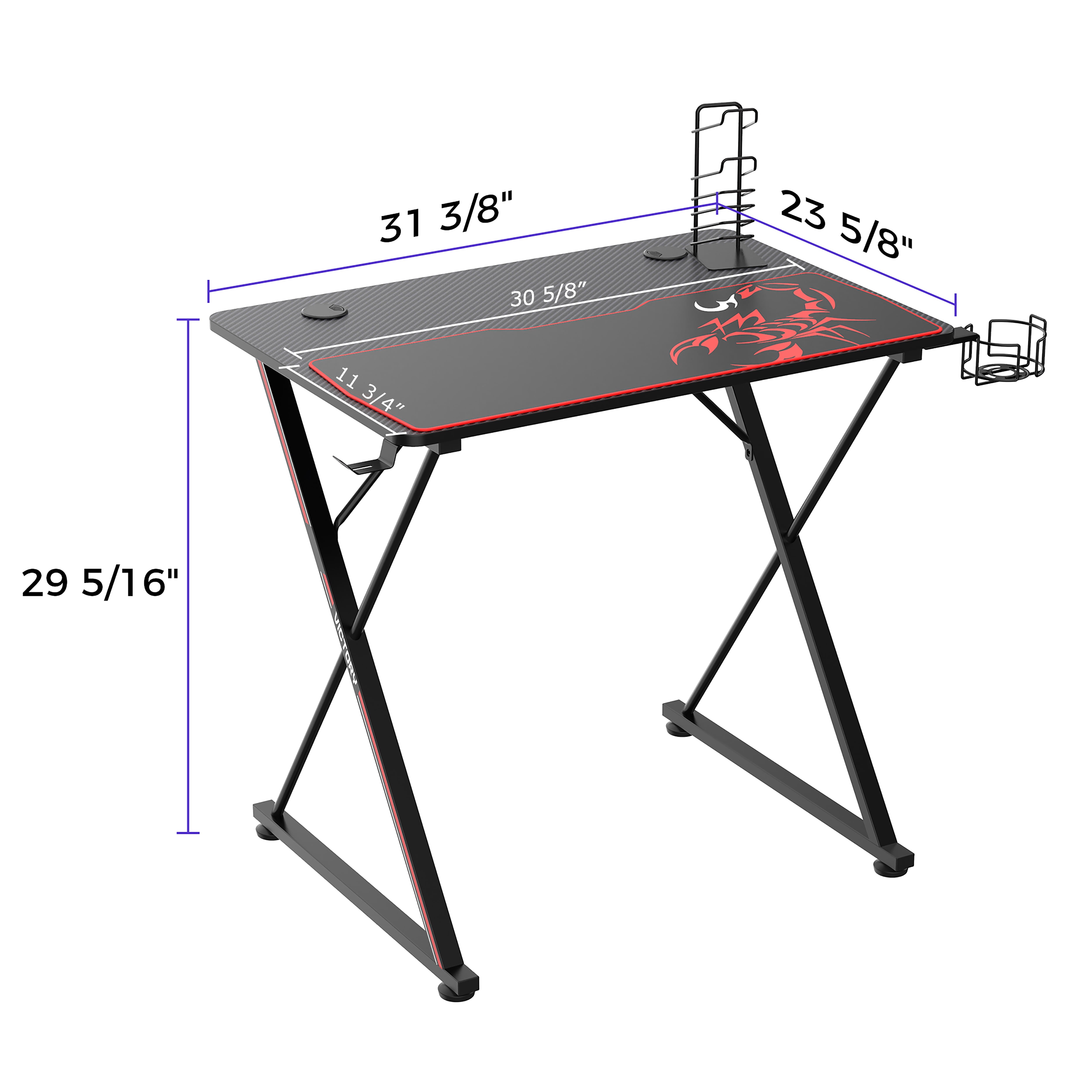 PX Series 31.5 in. Black Computer Gaming Desk with Cup Holder, Gear Rack, Headphone Hook, Socket Holder