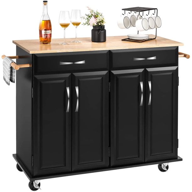 Homfa Kitchen Island on Wheels, Rolling Island Cart with Lockable Casters, Handle Towel Rack and 2 Drawers, Black
