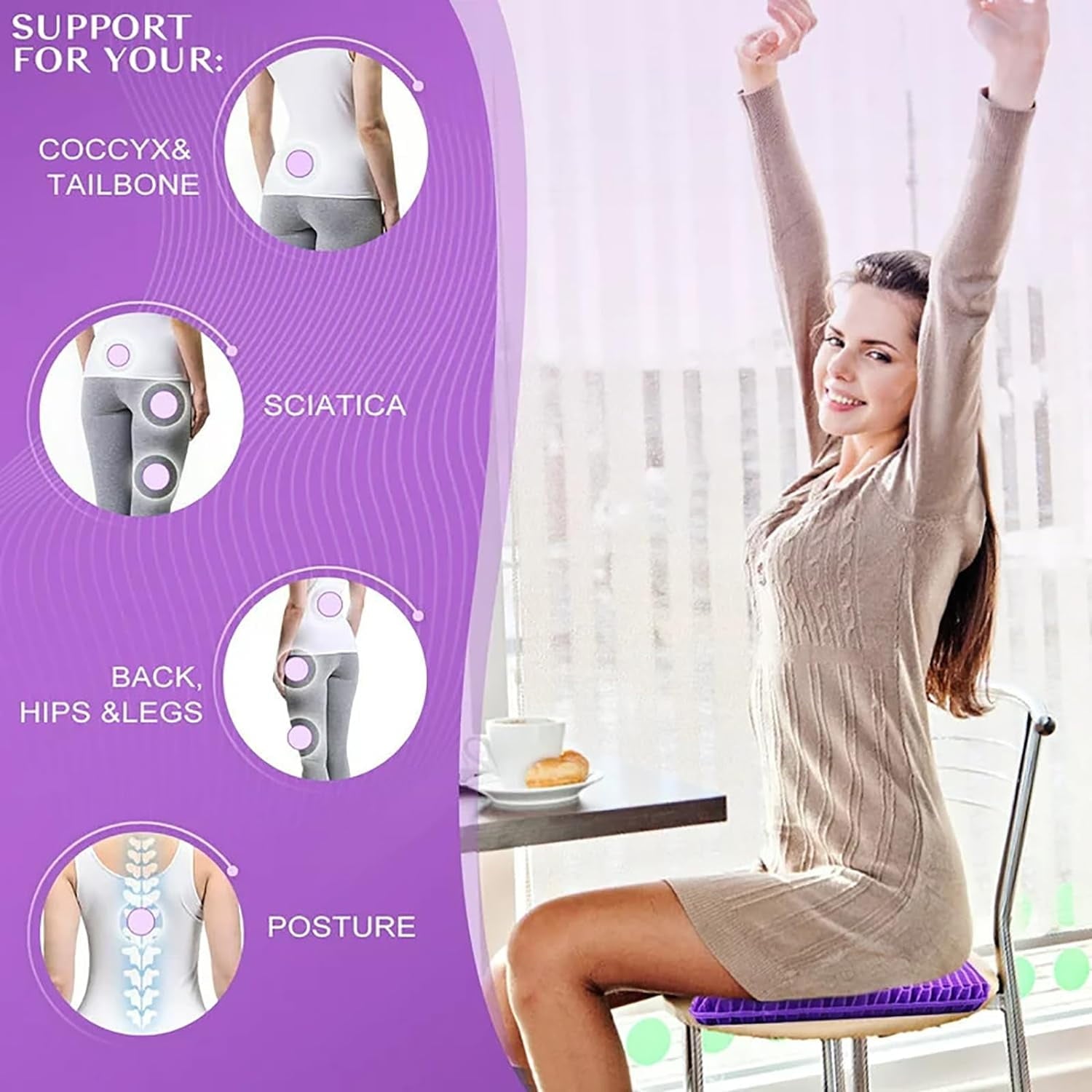 Gel Seat Cushion Pillow for Long Sitting – Office Chair Car Egg Seat Cushion with Non-Slip Cover for Back, Coccyx & Tailbone Pain Relief Pad - Pressure Reducing Honeycomb Designed for Comfort