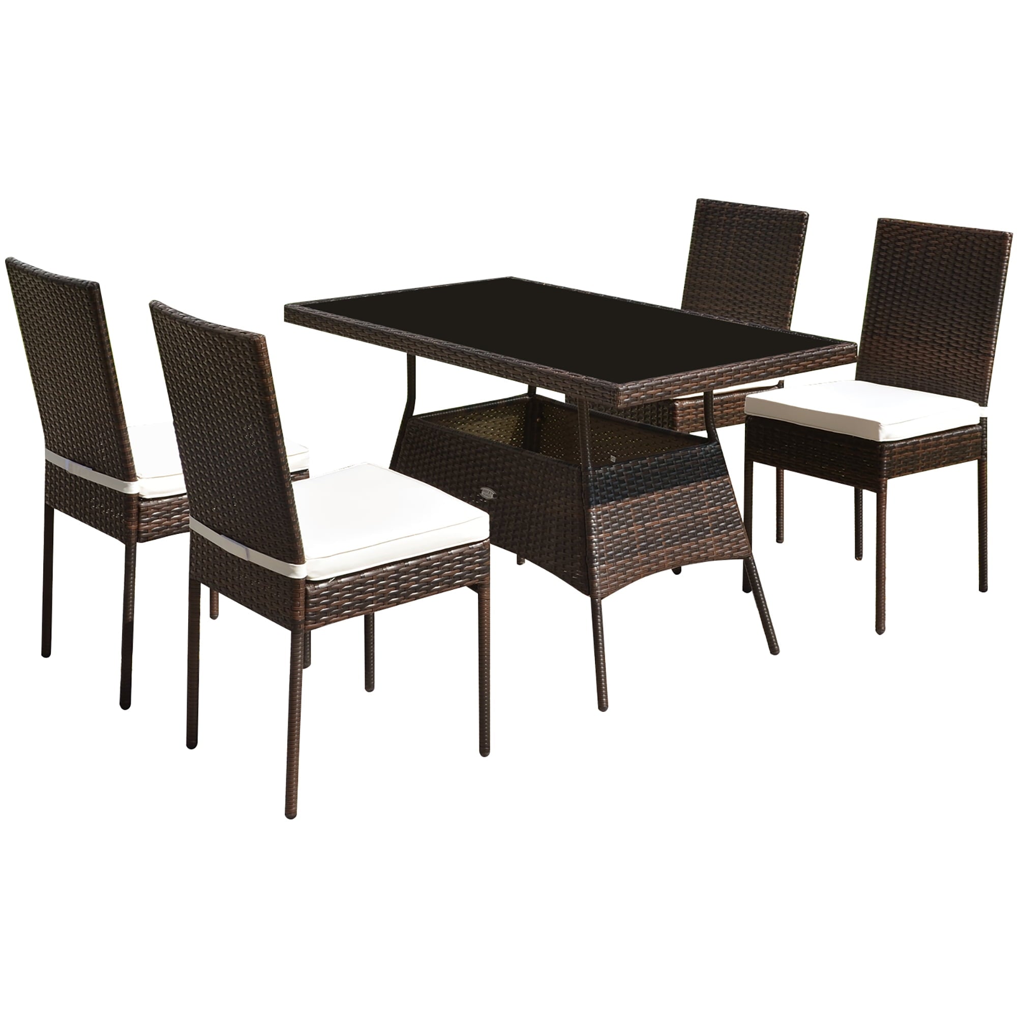 Costway 5 PCS Patio Rattan Dining Set Glass Table High Back Chair Garden Deck Mix Brown