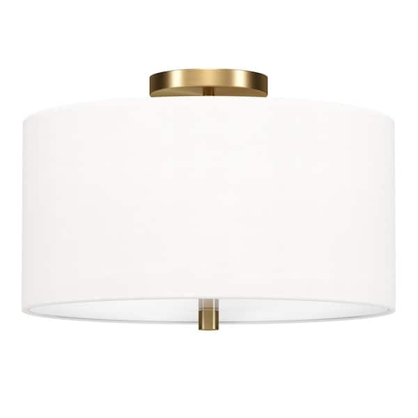 Ellis 16 in. Brass and White Semi Flush Mount with Fabric Shade