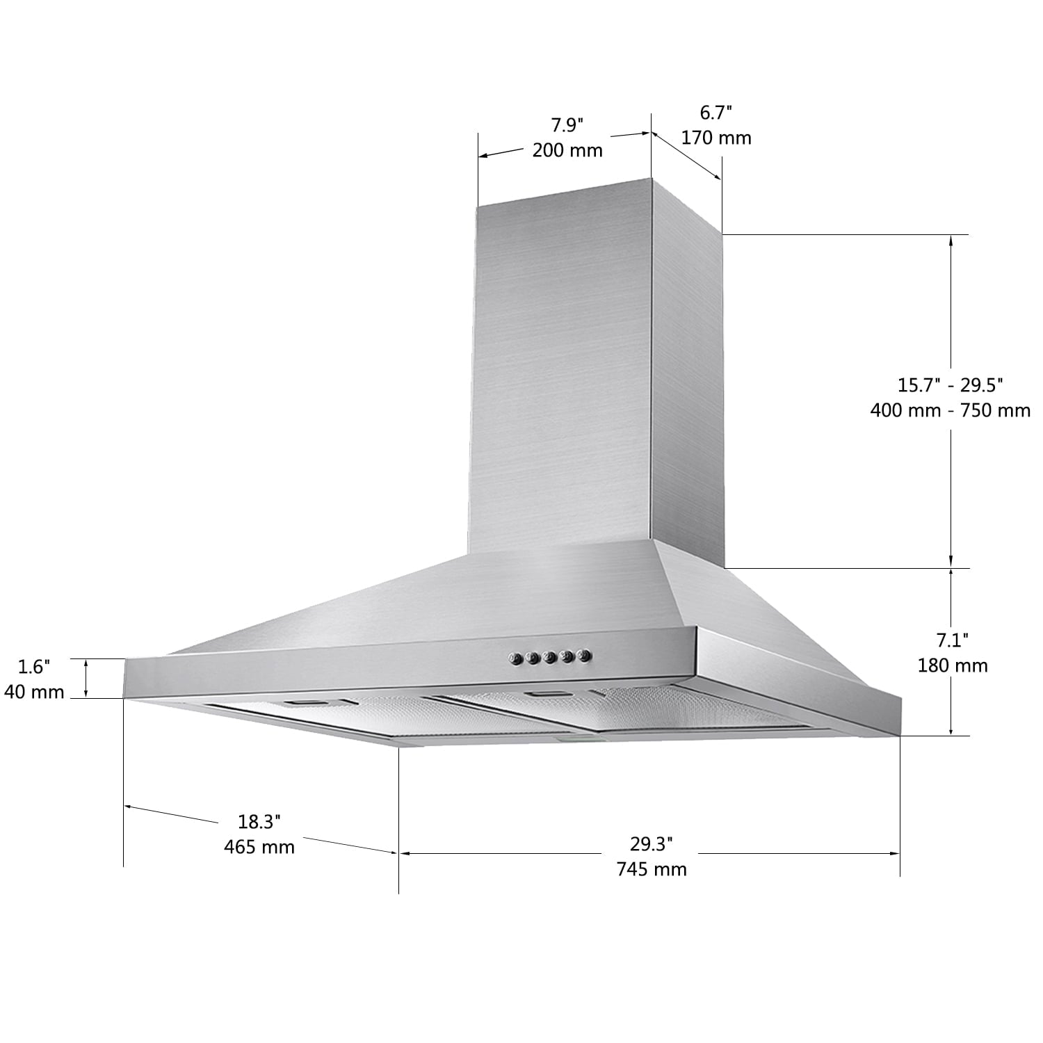 Wall Mount Range hood 30 inch Stainless Steel Stove Vent Hood with 3 Speed Kitchen Exhaust Fan