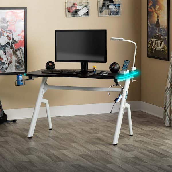 Icon PC 47 in. W White Black Gaming Computer Desk with Charging Station Color LED Light Headphone and Cup Holder