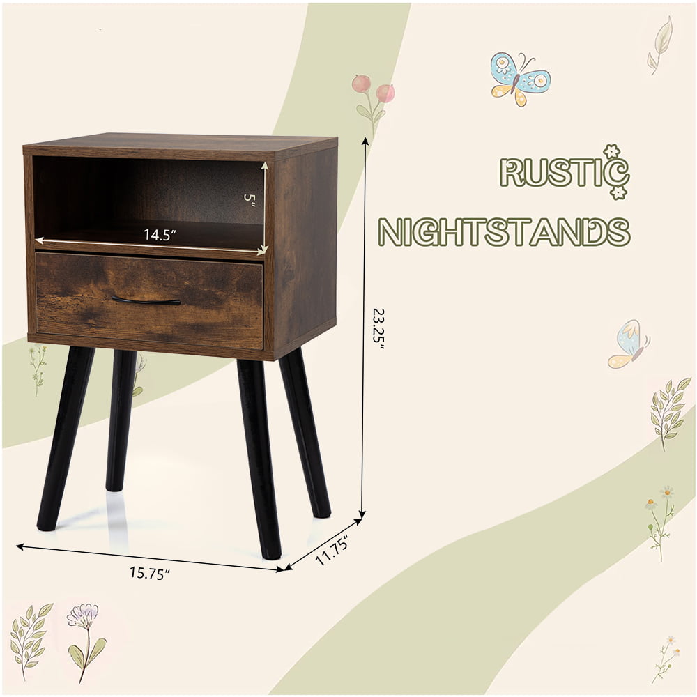Sesslife Night Stand Set of 2, Solid Metal Legs Furniture Bedside Table, Modern End Side Table with a Drawer and Shelf, Versatile Nightstand for Bedroom Sofa Entryway, Brown