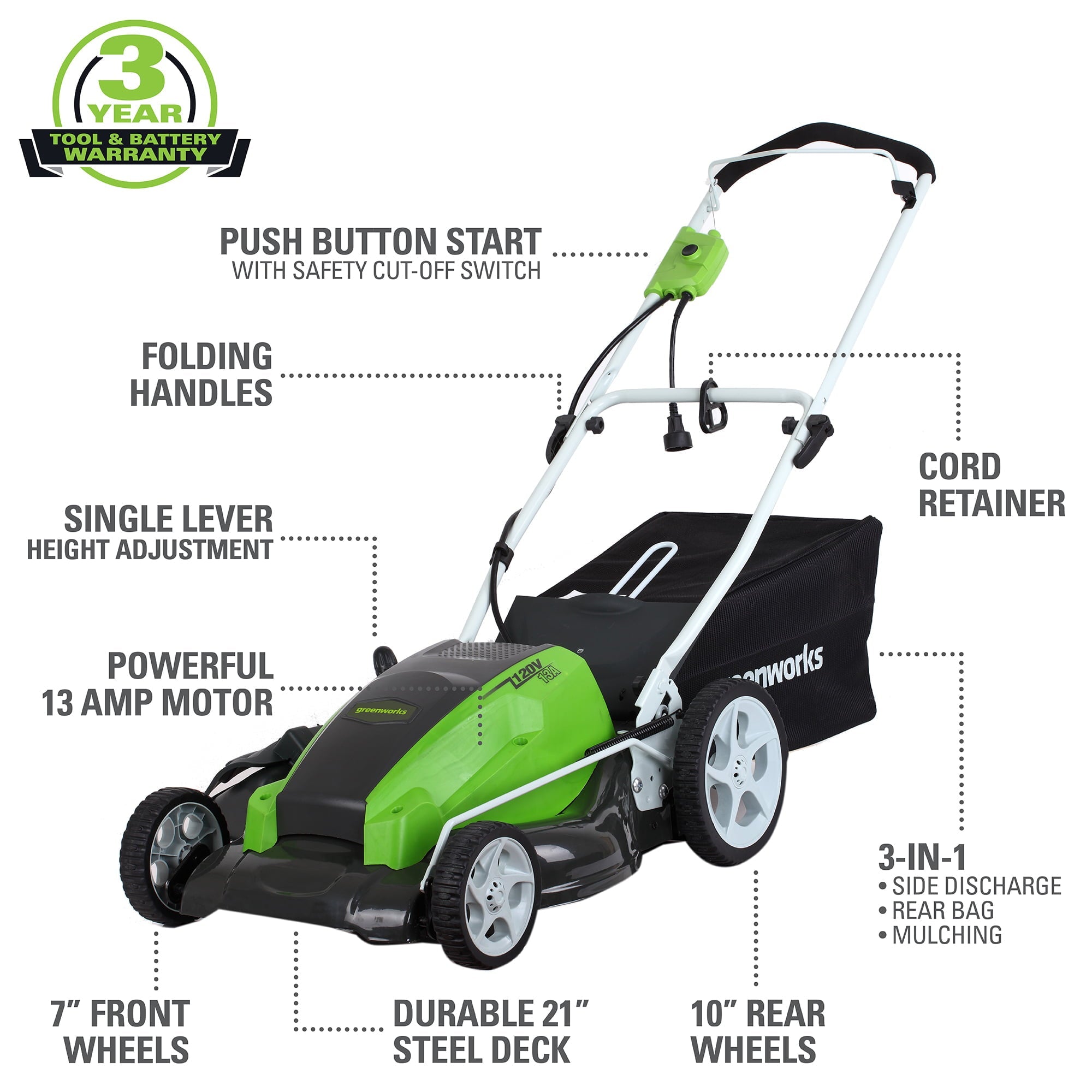 Greenworks 13 Amp 21-inch Corded Electric Walk-Behind Push Lawn Mower, 25112