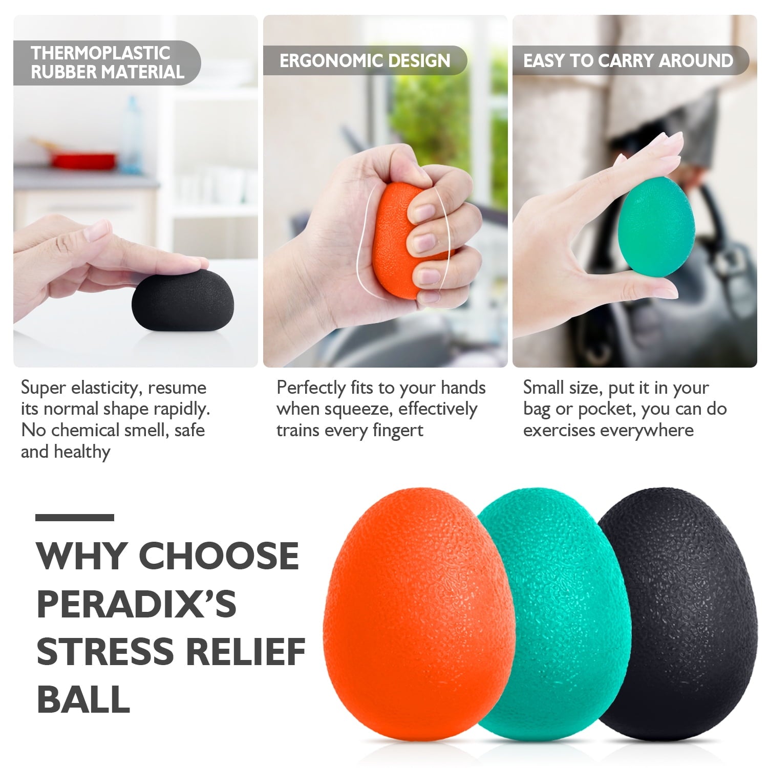 Peradix Hand Grip Strengthener, Stress Relief Ball for Adults and Kids, Wrist Rehab Therapy Hand Grip Equipment Ball Squishy Tools - Set of 3 Finger Resistance Exercise Squeezer
