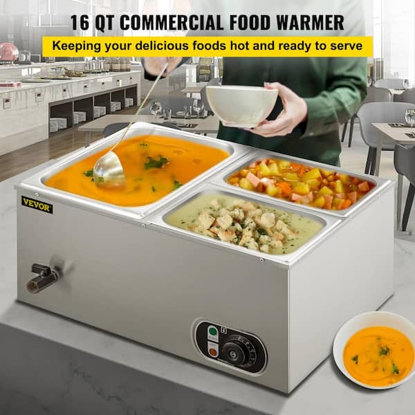 6 in. Deep Commercial Food Warmer 1 x 1/2GN and 2 x 1/4GN 3-Pan Stainless Steel Bain Marie Steam Table 24 Qt. 1500Watt